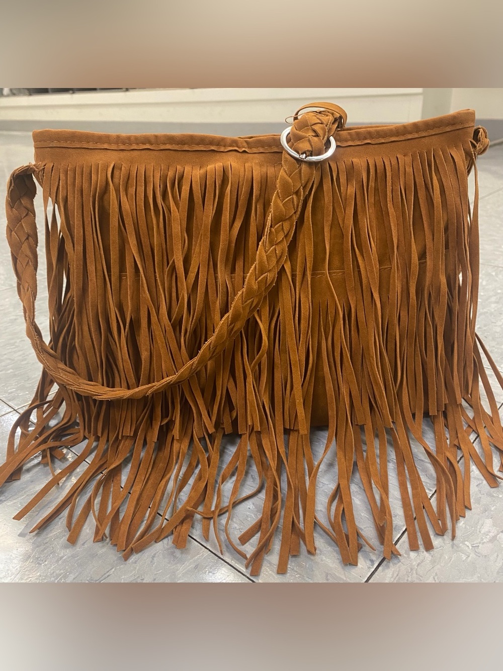 Fringe Suede Crossbody Bag in Camel